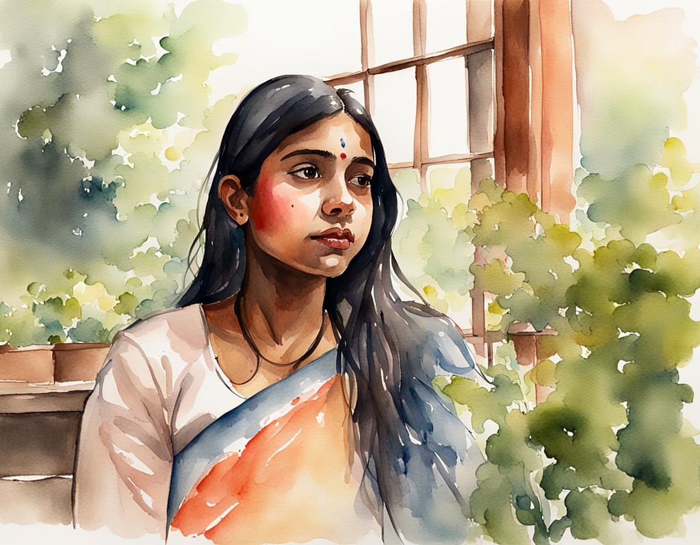Captivating World of Watercolor Portrait Artists - Indian lady in garden